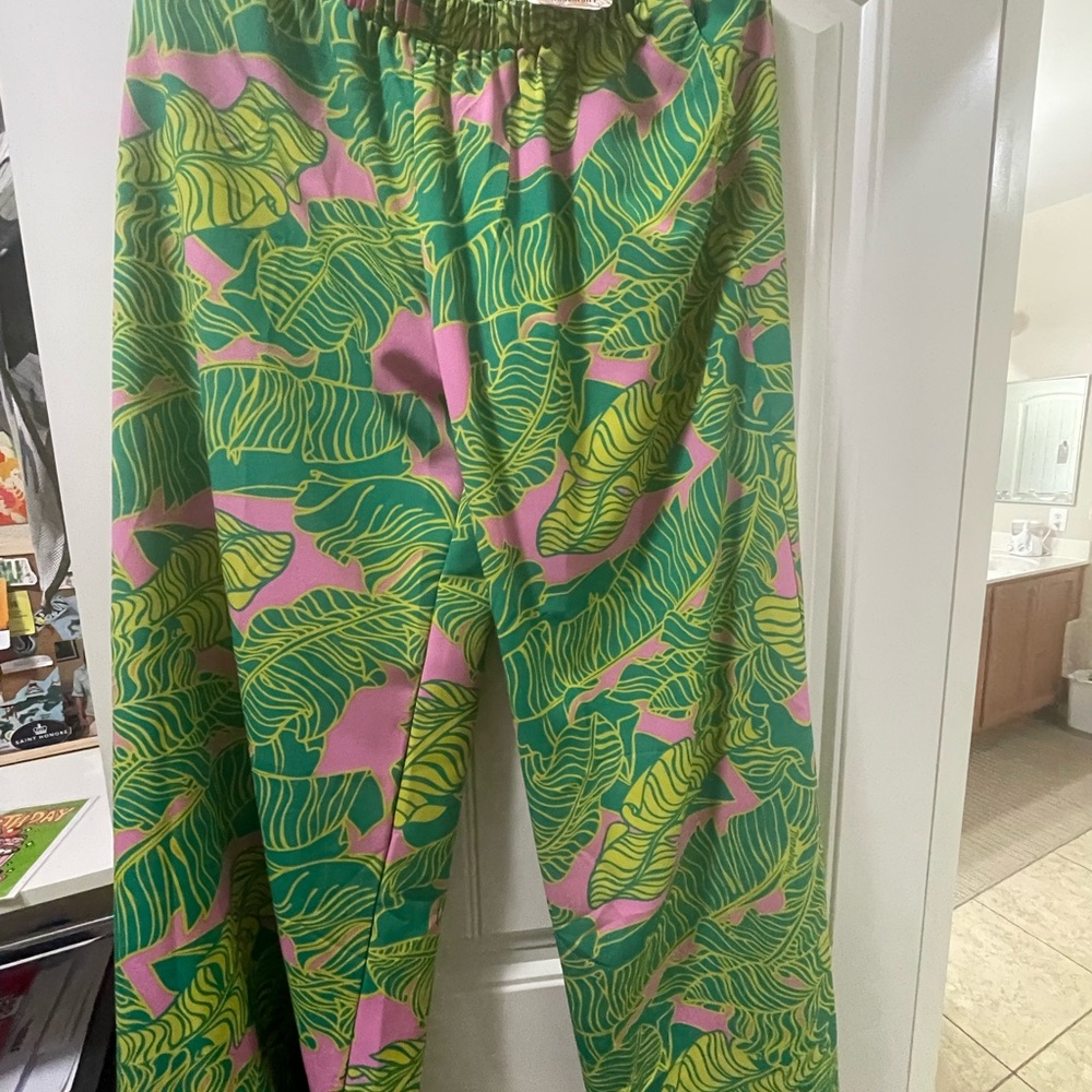 Manuhealii Green and Pink Leaf Print Pants- Mai’a Iholena